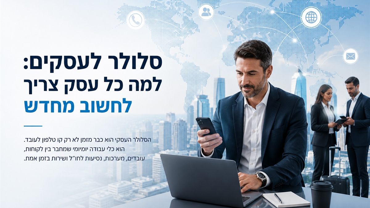 מנהל בוחן שירותי סלולר לעסקים בסמארטפון ובמחשב נייד על רקע מפת עולם, ולצדו עובדים היוצאים לנסיעת עבודה